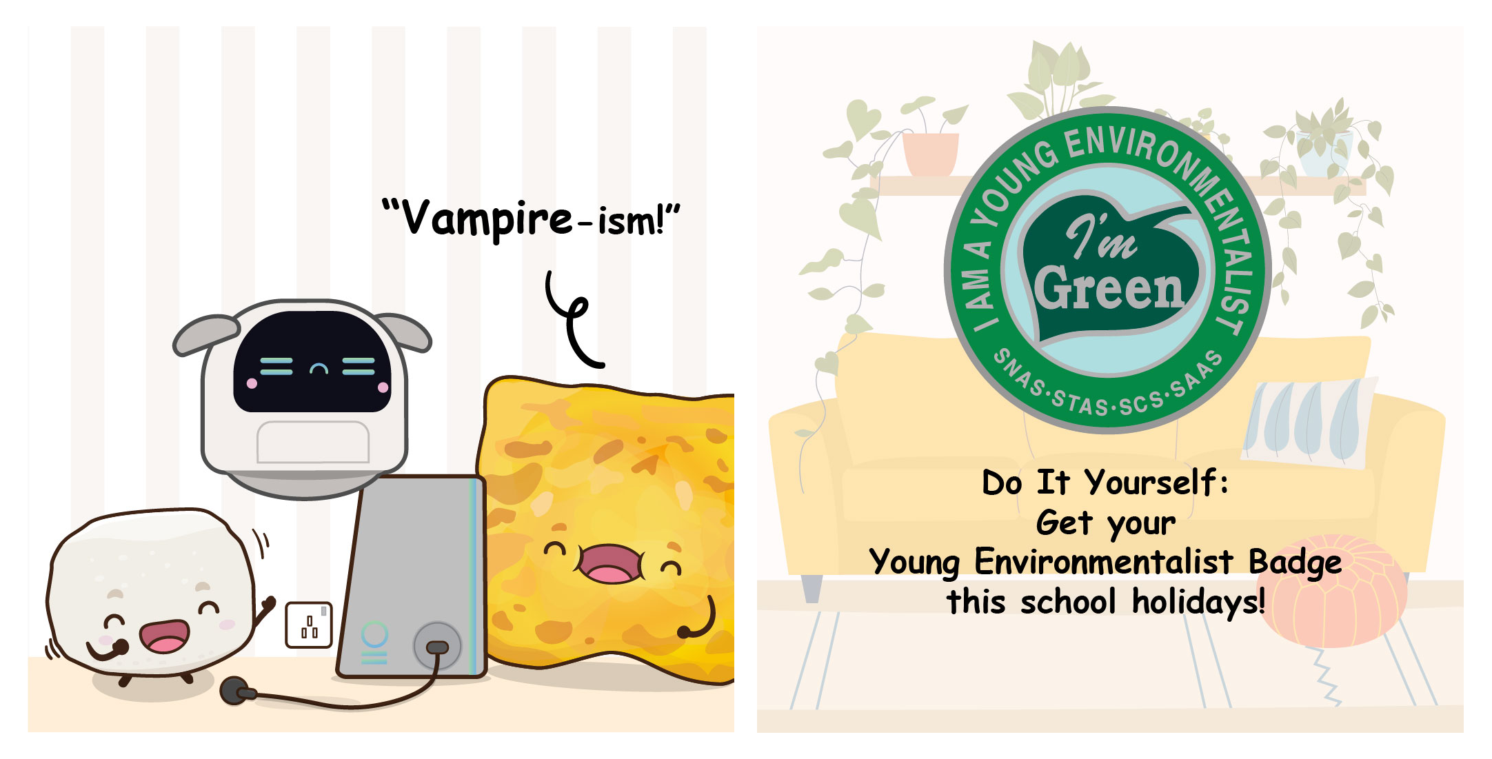 Two-panel comic concluding the energy vampire lesson with Flip delivering a final punchline, followed by a call to earn the "Young Environmentalist Badge."